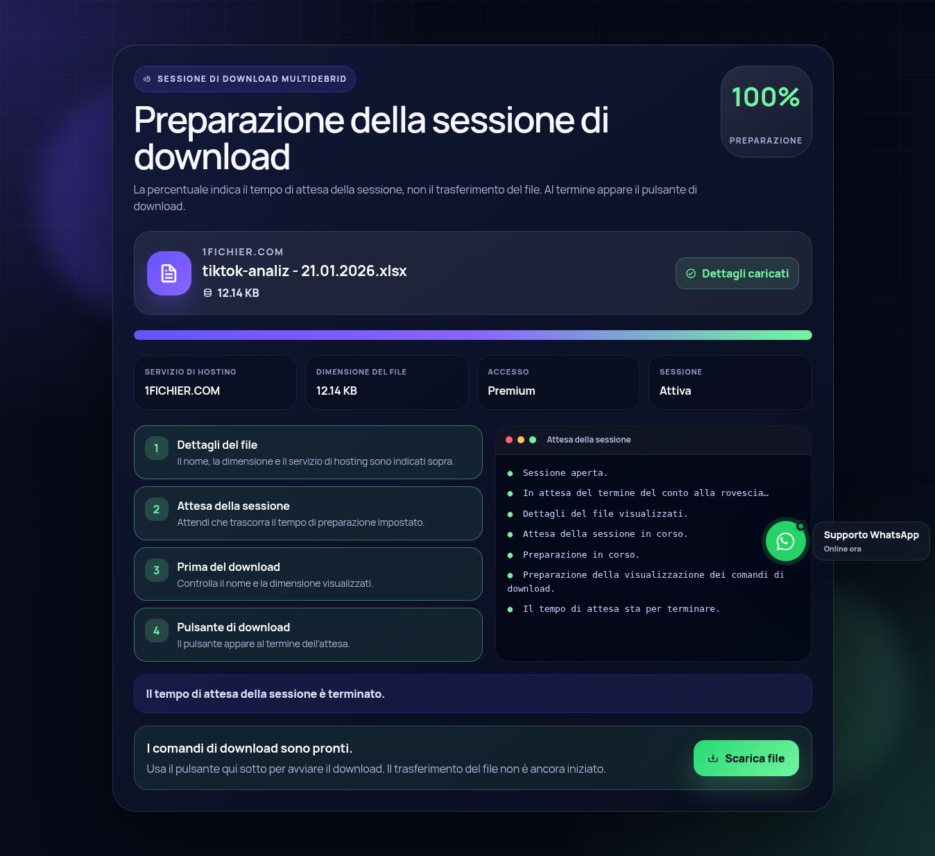 Schermata reale della sessione di download 1fichier.com. Apri per ingrandire.