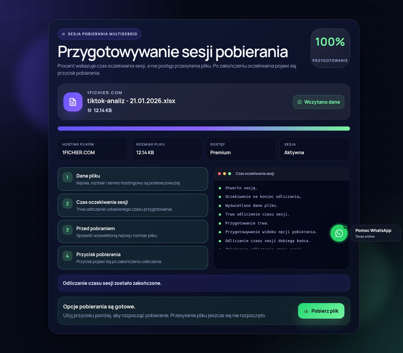 Prawdziwa sesja pobierania 1fichier.com. Otwórz, aby powiększyć.