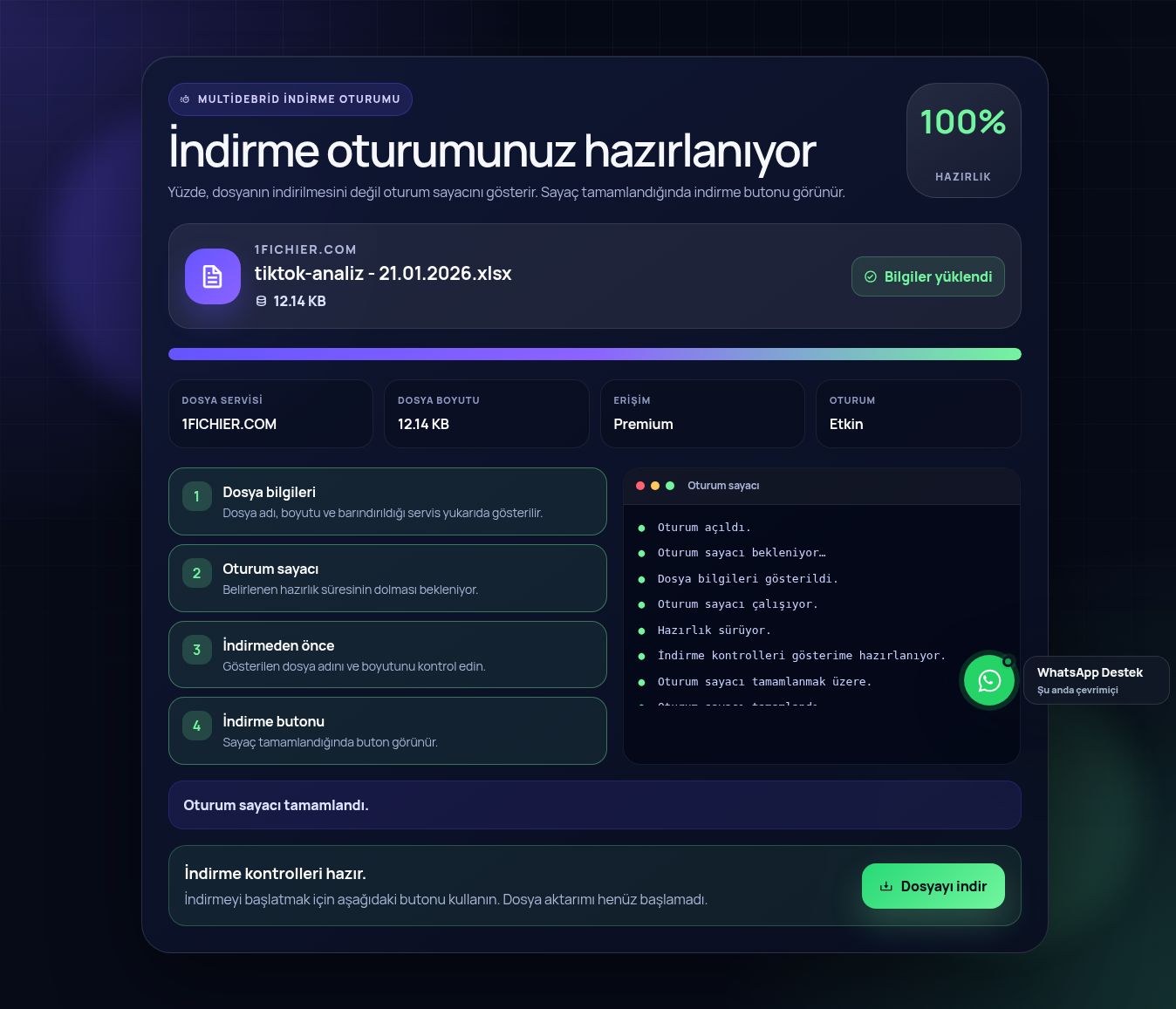 Gerçek 1fichier.com indirme oturumu ekranı. Büyütmek için aç.
