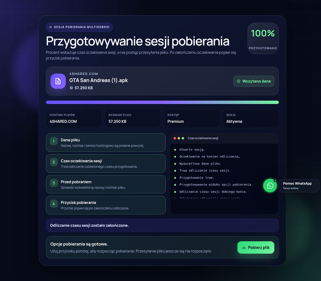 Prawdziwa sesja pobierania 4shared.com. Otwórz, aby powiększyć.