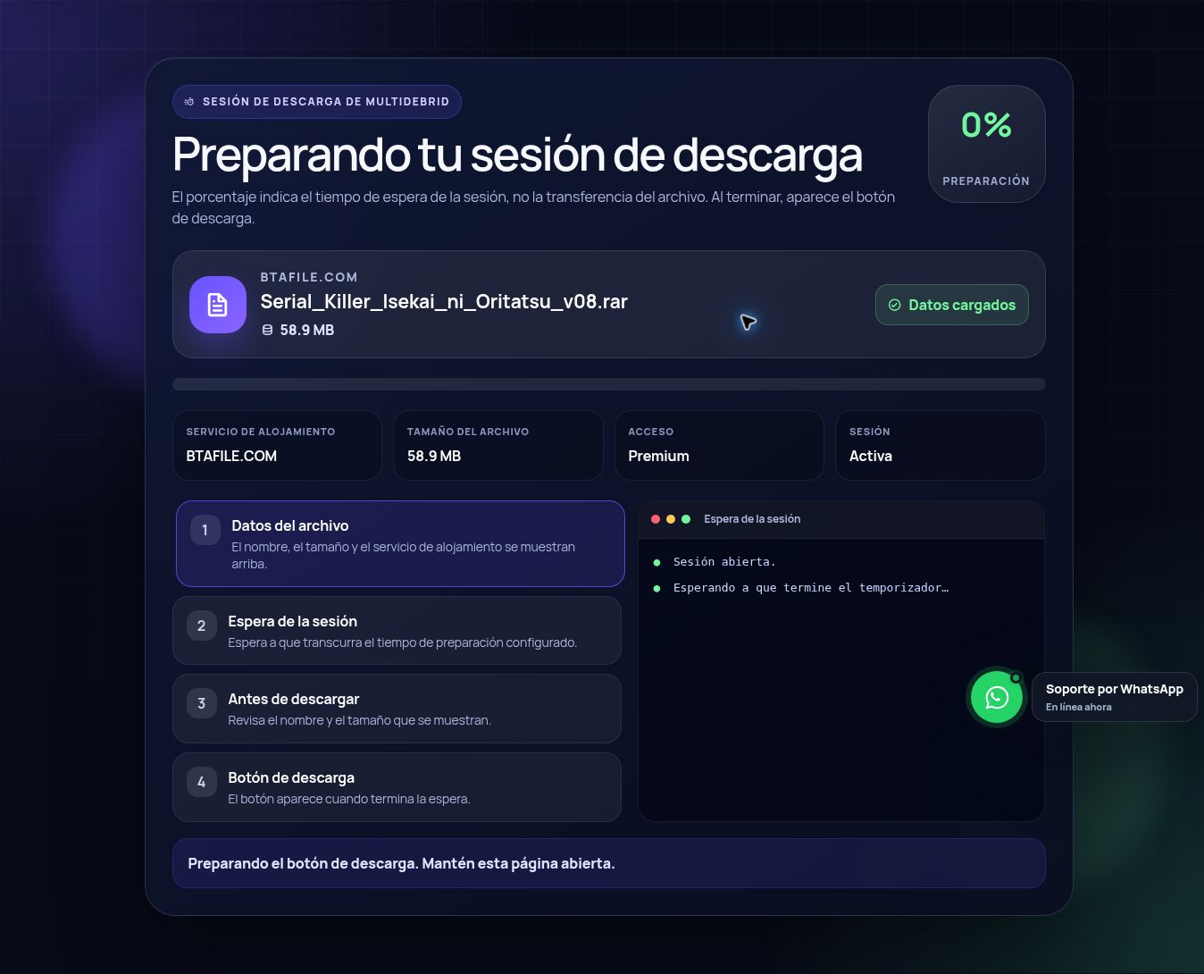 Pantalla real de la sesión de descarga de BtaFile.com. Ábrela para ampliar.