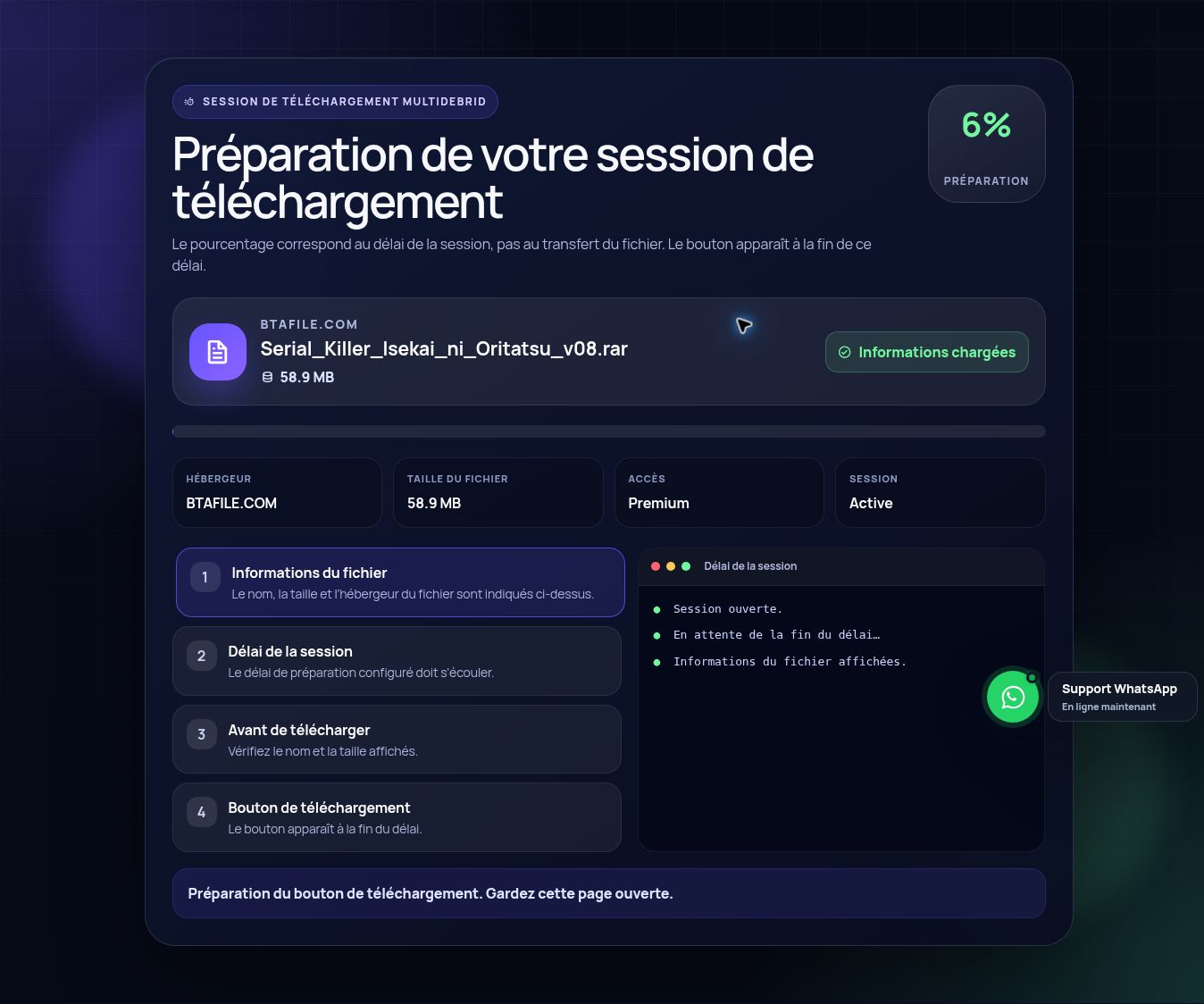 Session de téléchargement réelle pour BtaFile.com. Ouvrez pour agrandir.