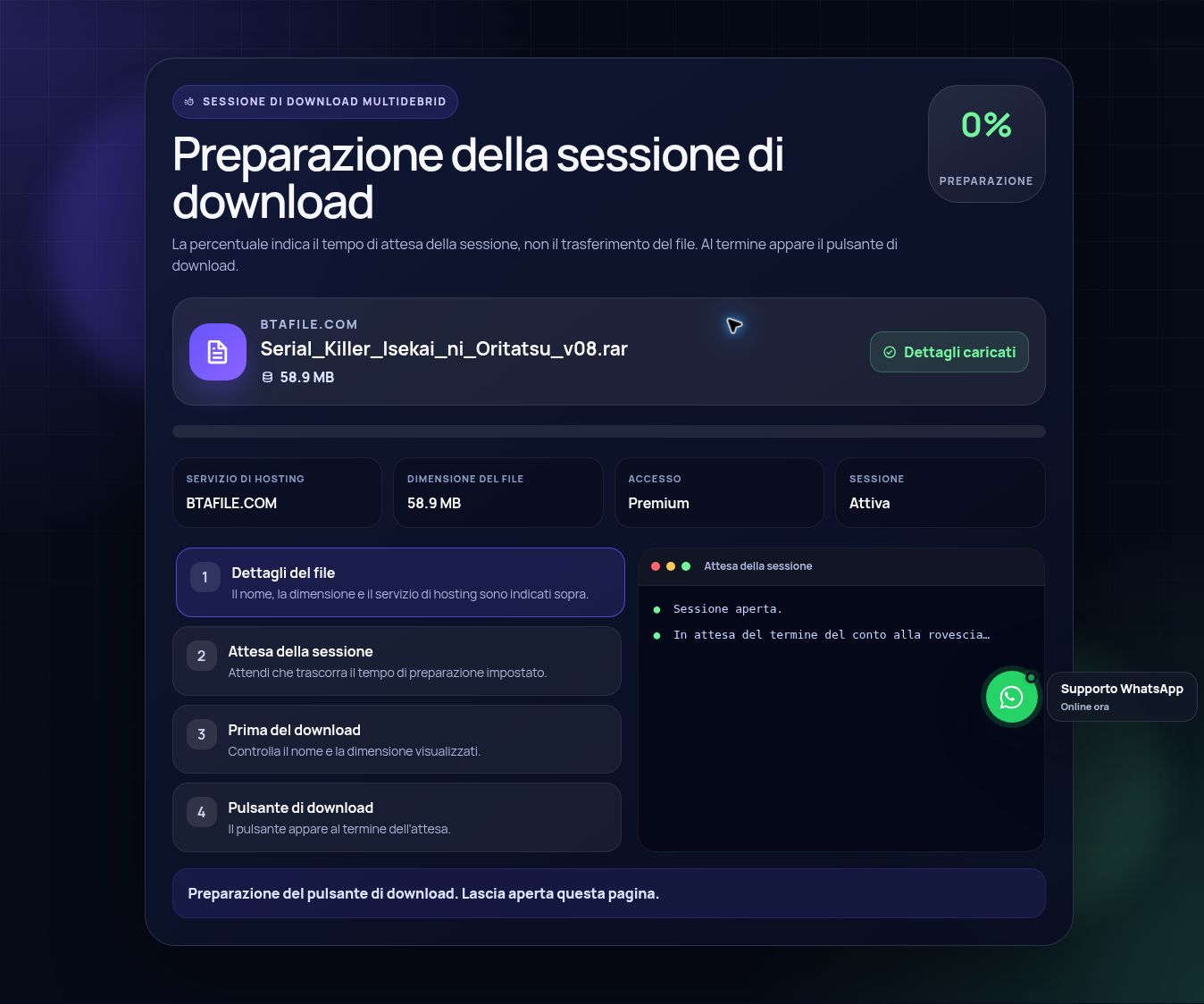 Schermata reale della sessione di download BtaFile.com. Apri per ingrandire.