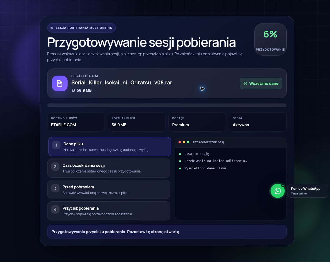 Prawdziwa sesja pobierania BtaFile.com. Otwórz, aby powiększyć.