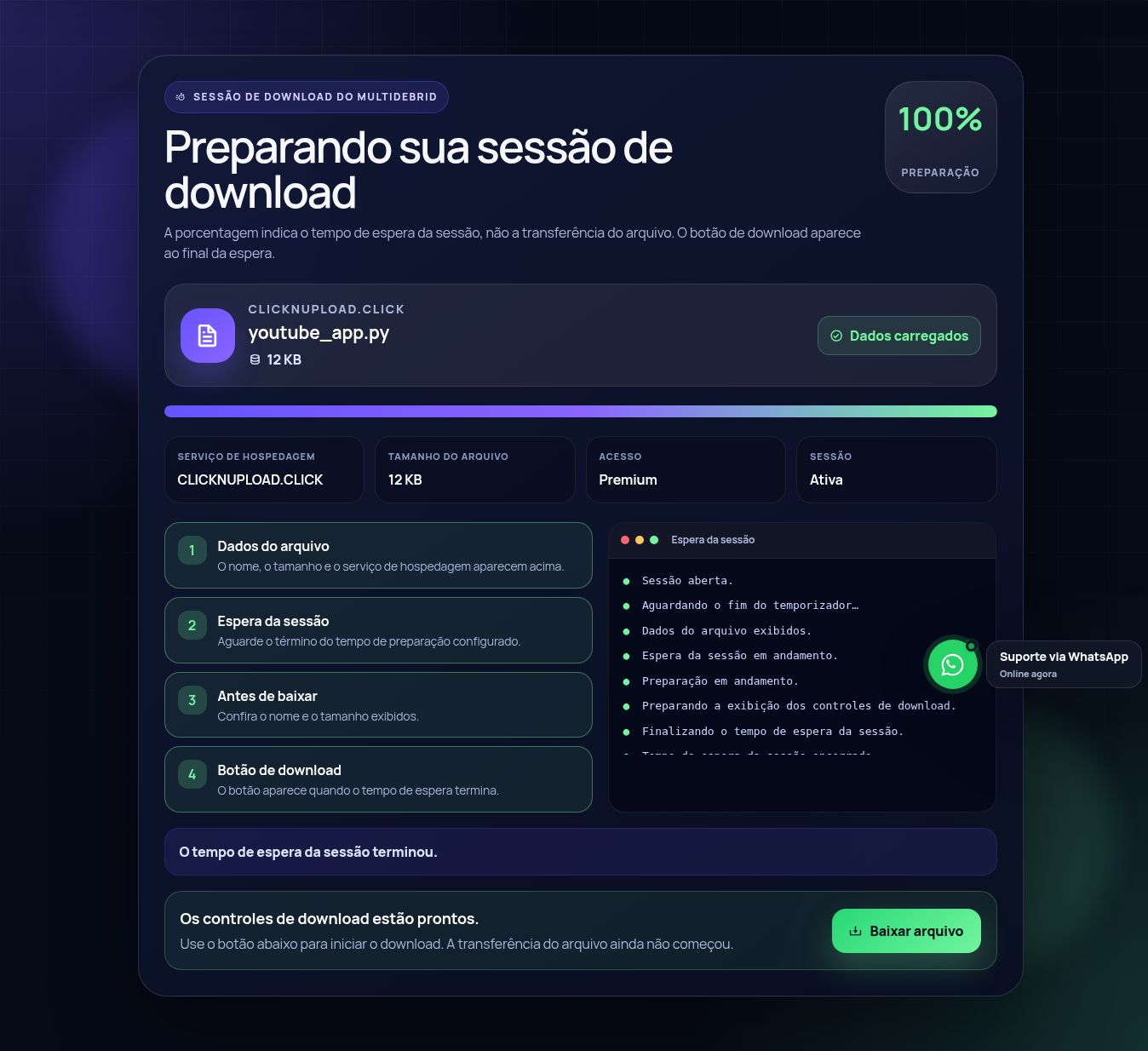Tela real da sessão de download do Clicknupload.click. Abra para ampliar.