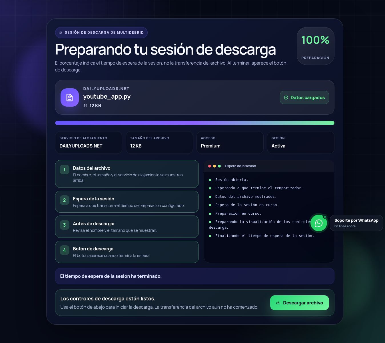 Pantalla real de la sesión de descarga de Dailyuploads.net. Ábrela para ampliar.