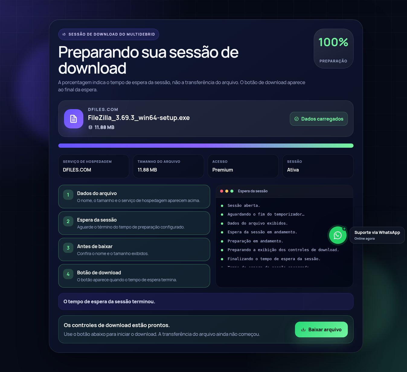 Tela real da sessão de download do Dfiles.com. Abra para ampliar.
