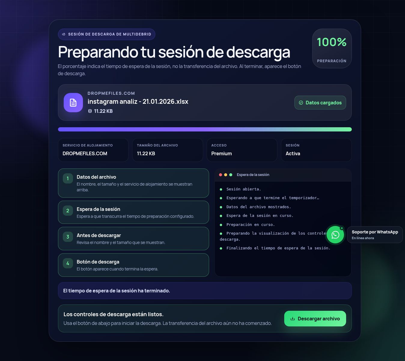 Pantalla real de la sesión de descarga de DropMeFiles.com. Ábrela para ampliar.