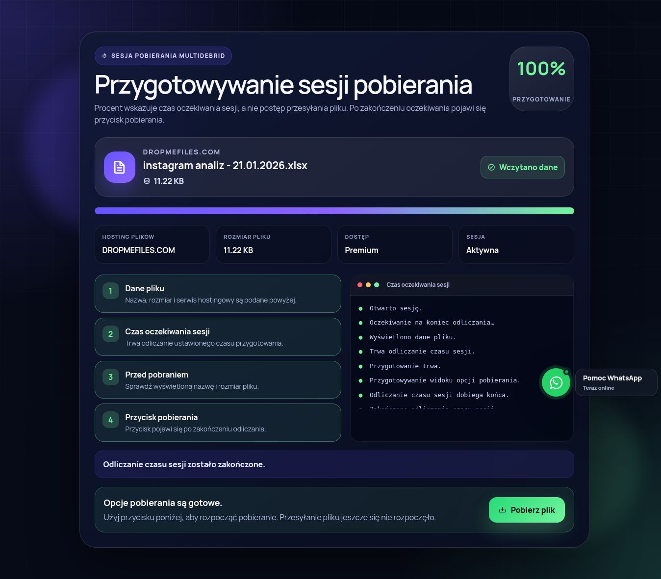 Prawdziwa sesja pobierania DropMeFiles.com. Otwórz, aby powiększyć.