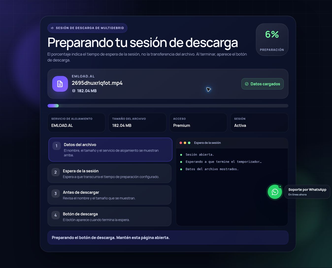 Pantalla real de la sesión de descarga de Emload.al. Ábrela para ampliar.