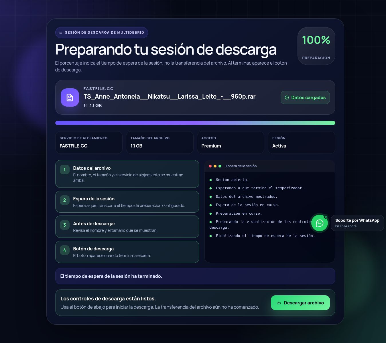 Pantalla real de la sesión de descarga de Fastfile.cc. Ábrela para ampliar.