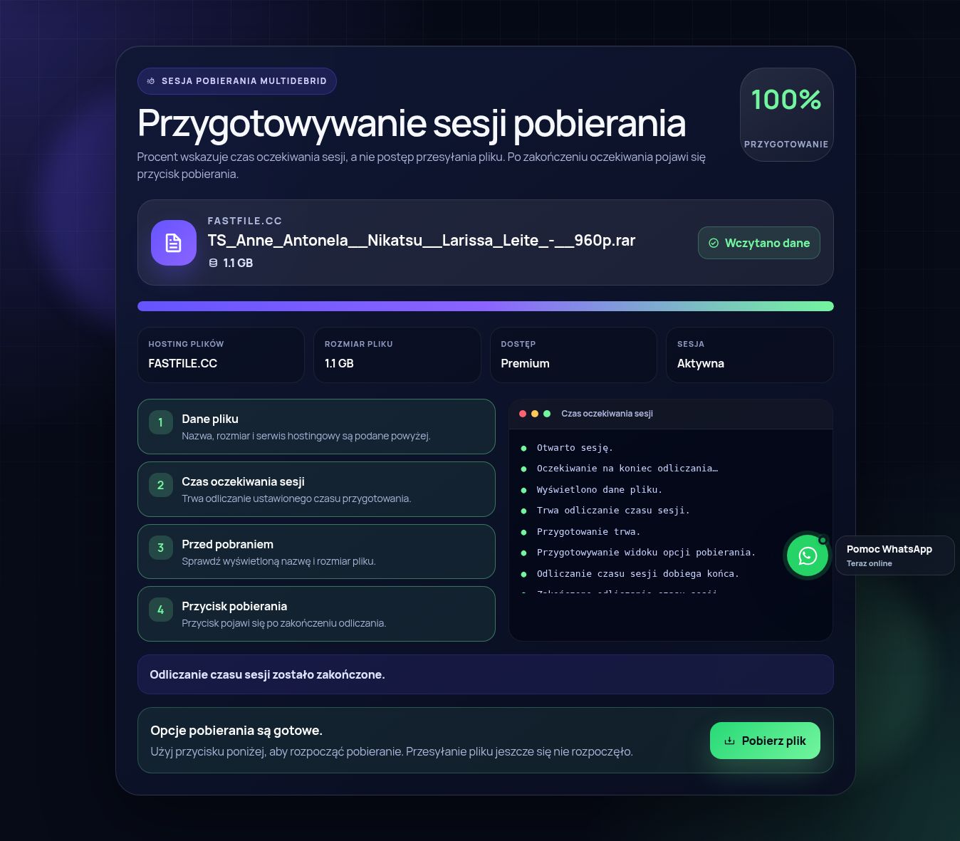 Prawdziwa sesja pobierania Fastfile.cc. Otwórz, aby powiększyć.