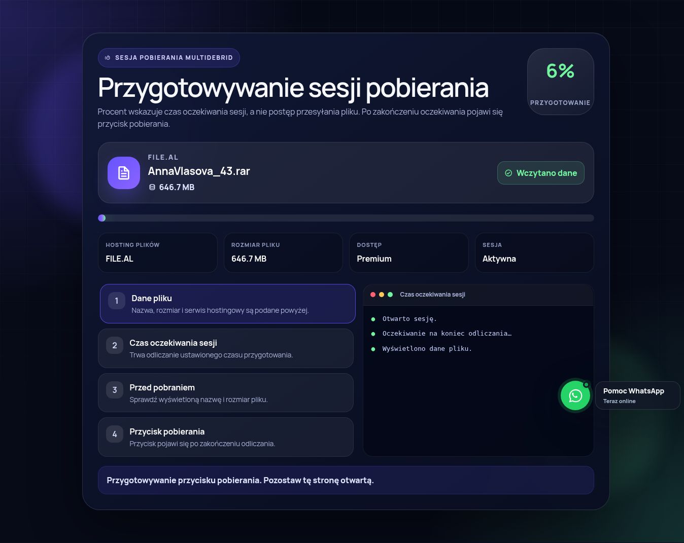 Prawdziwa sesja pobierania File.al. Otwórz, aby powiększyć.