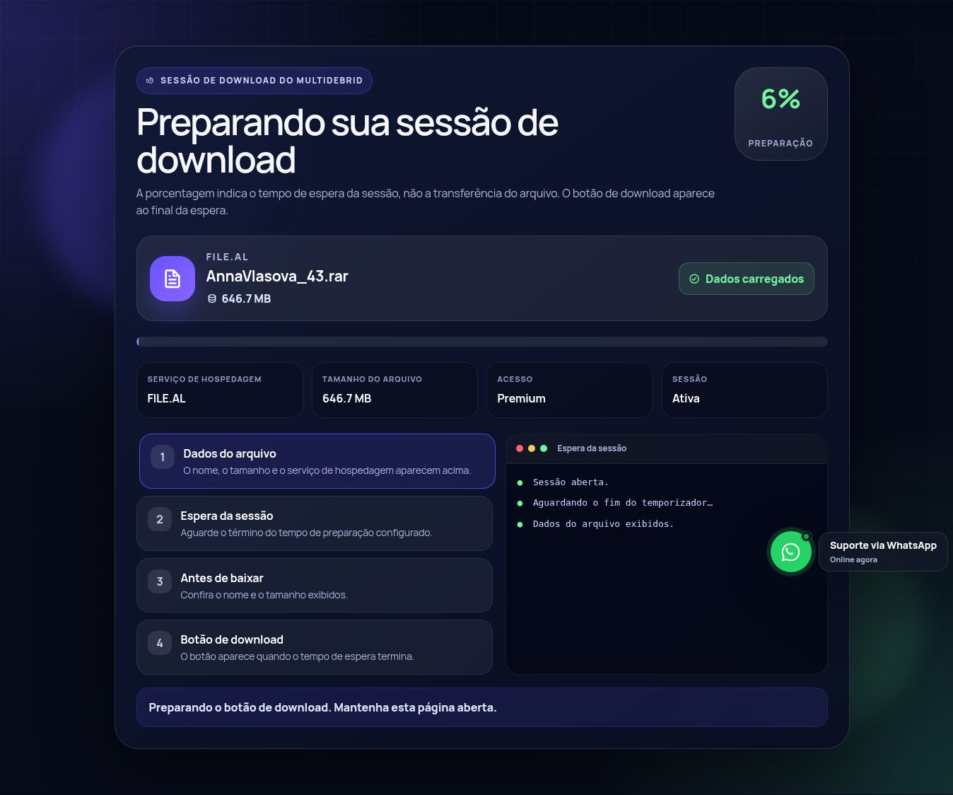 Tela real da sessão de download do File.al. Abra para ampliar.