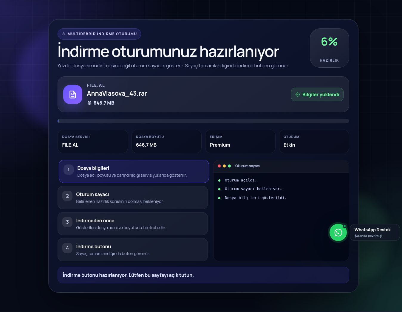Gerçek File.al indirme oturumu ekranı. Büyütmek için aç.