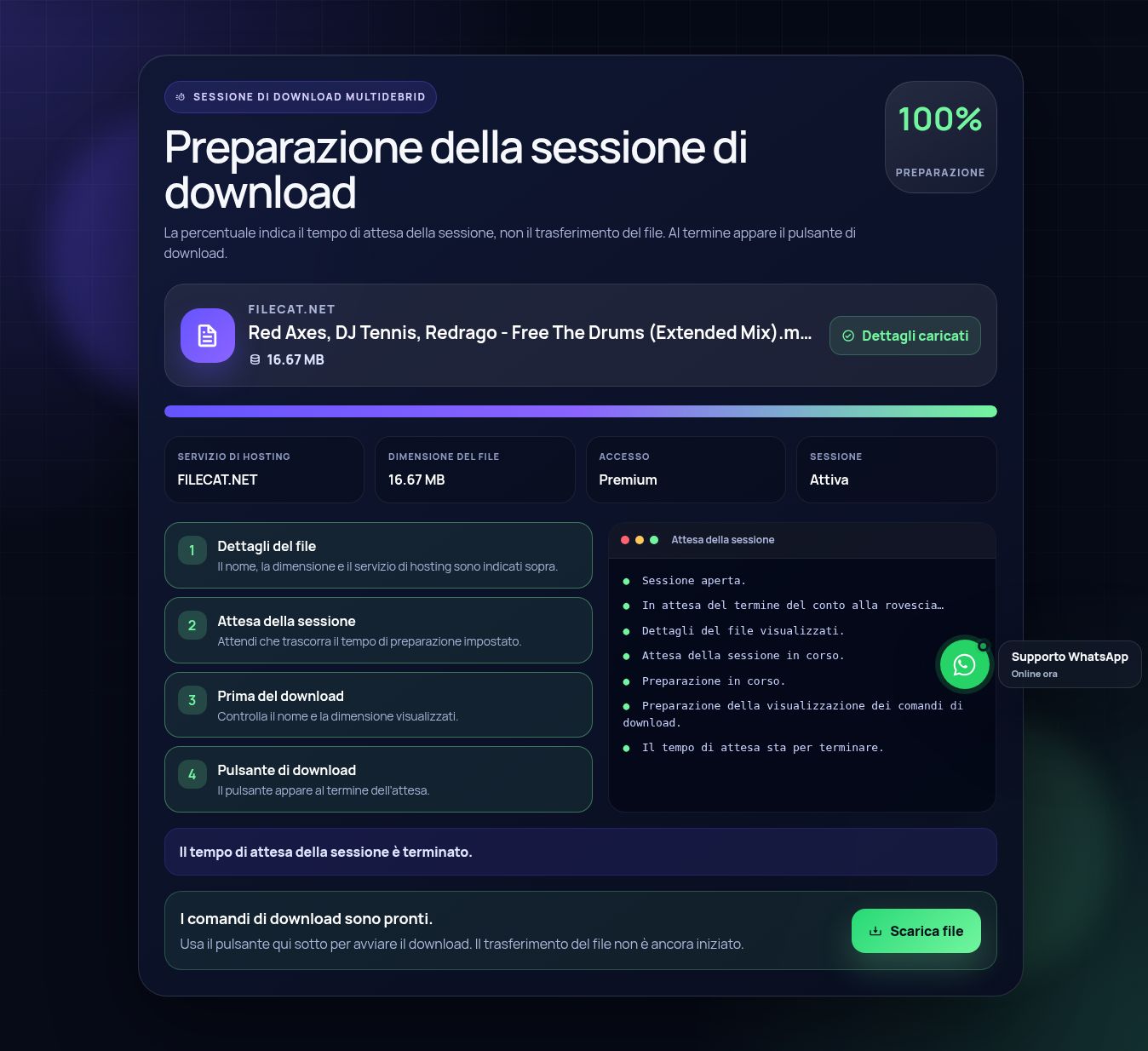 Schermata reale della sessione di download FileCat.net. Apri per ingrandire.