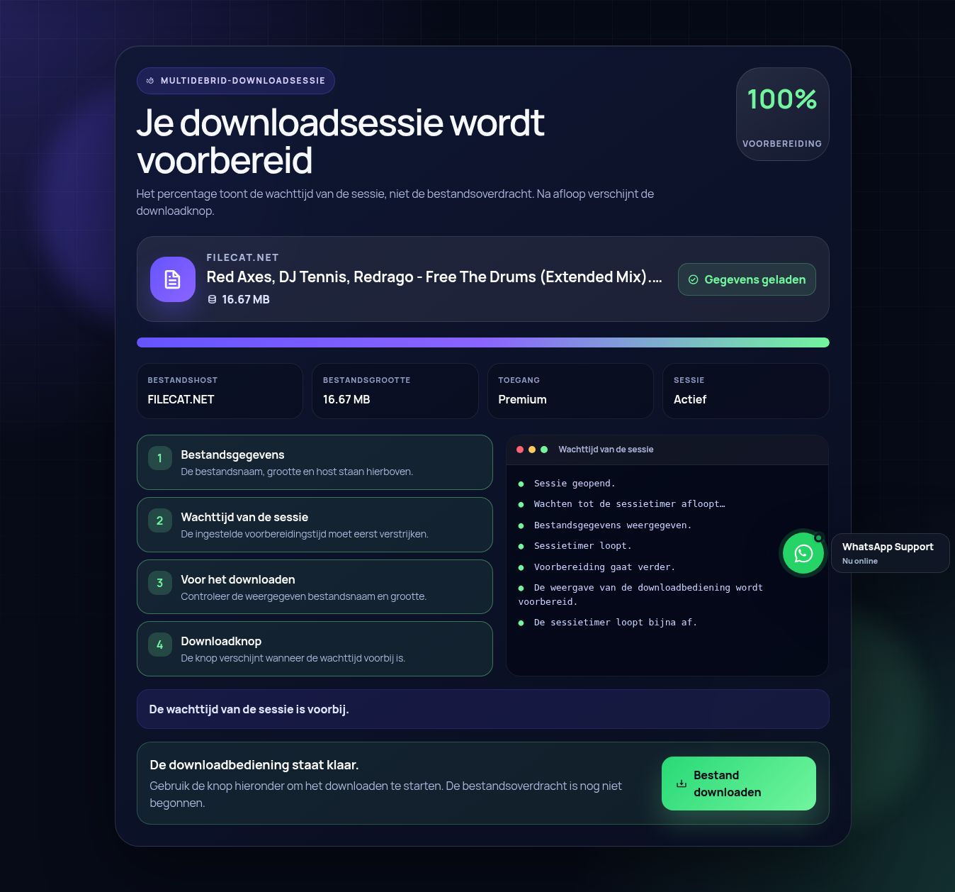 Echte FileCat.net-downloadsessie. Open om te vergroten.