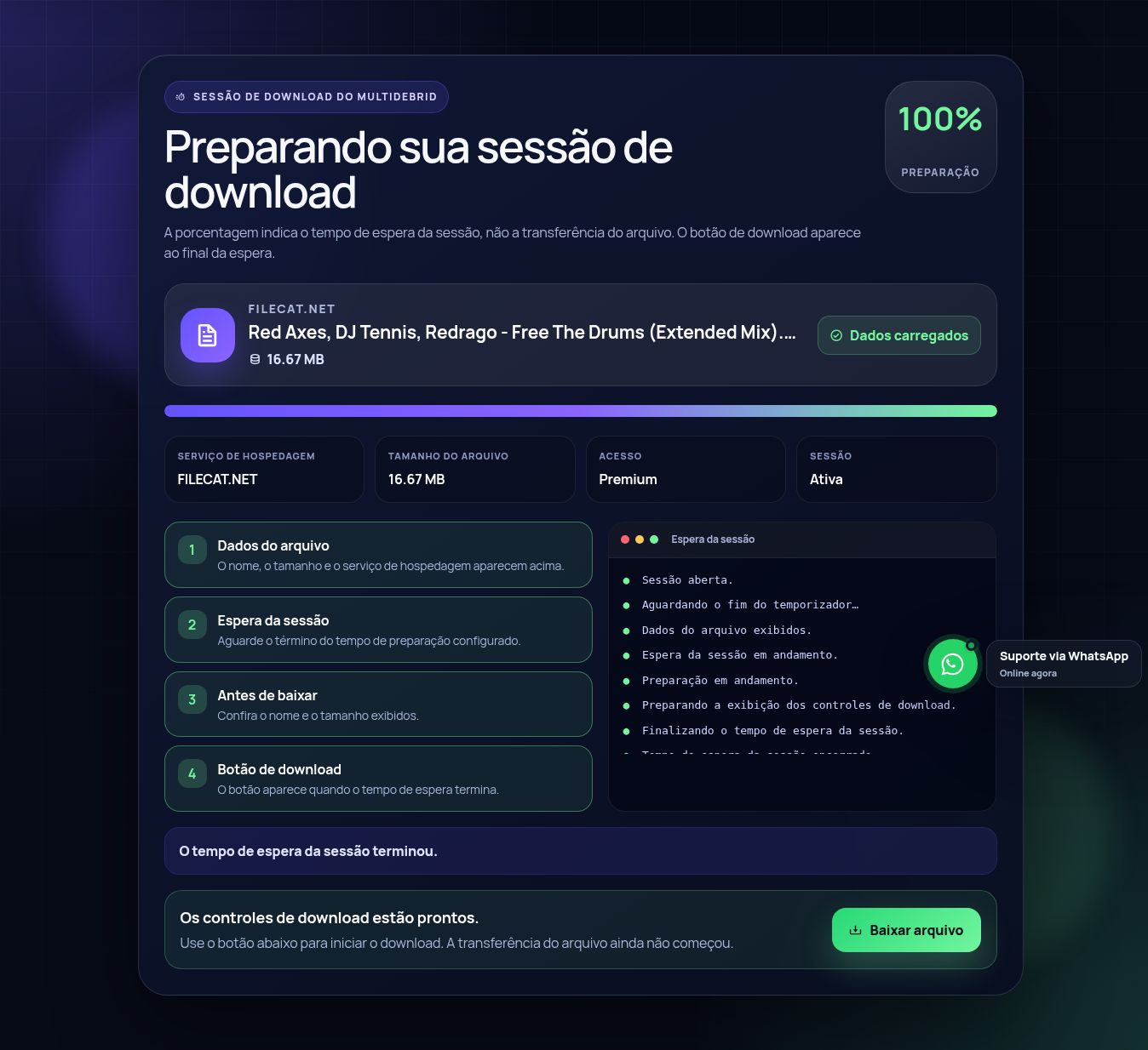 Tela real da sessão de download do FileCat.net. Abra para ampliar.