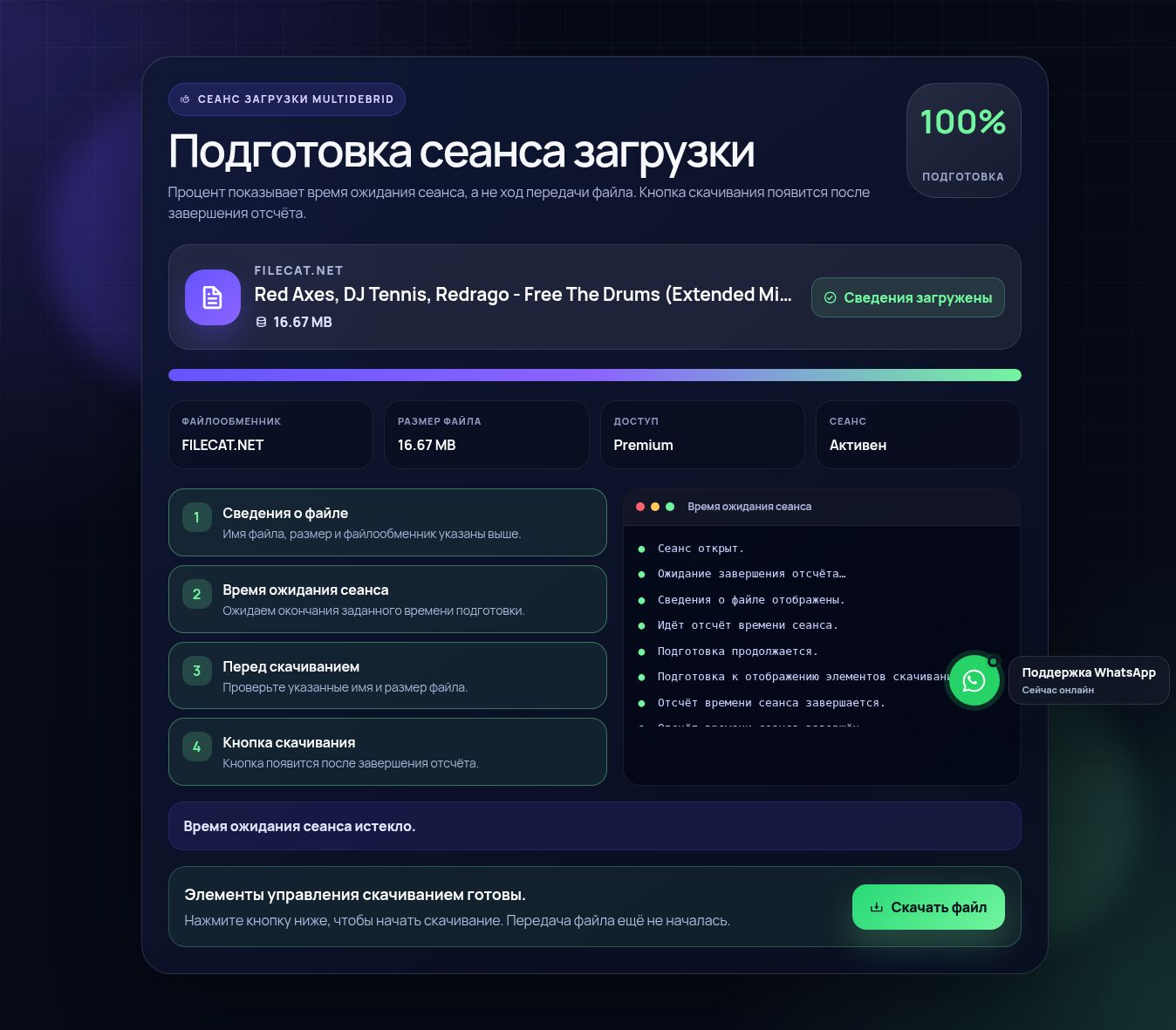Реальный сеанс скачивания FileCat.net. Откройте для увеличения.