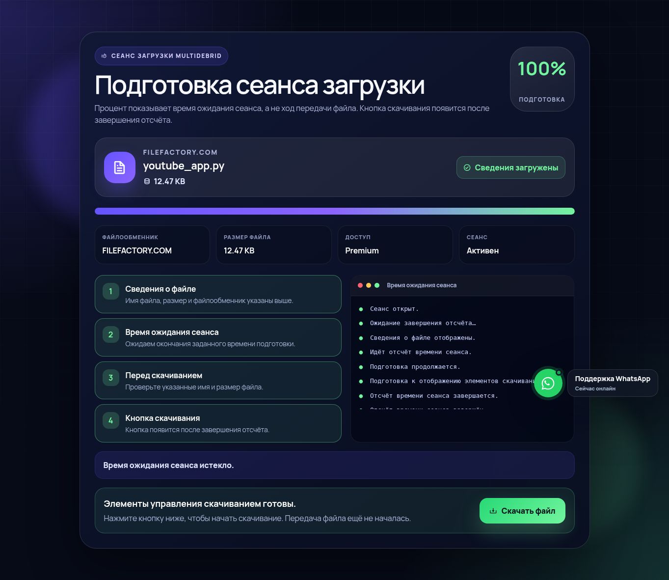 Реальный сеанс скачивания Filefactory.com. Откройте для увеличения.
