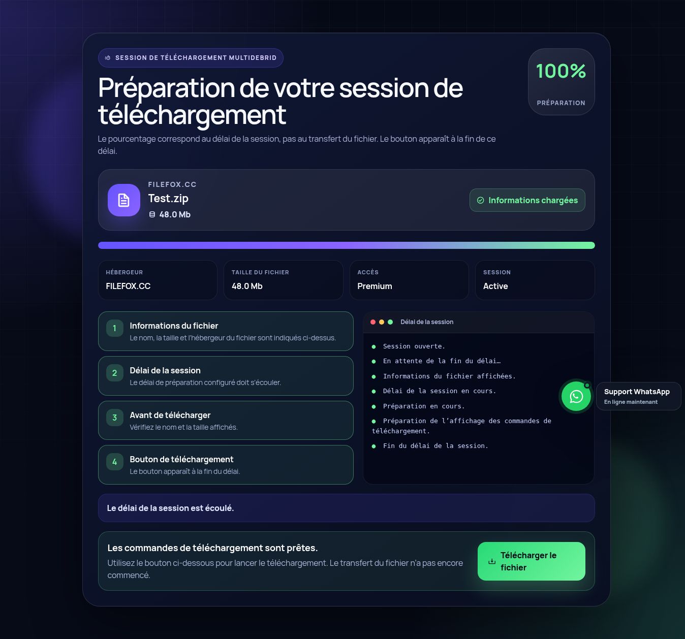 Session de téléchargement réelle pour Filefox.cc. Ouvrez pour agrandir.