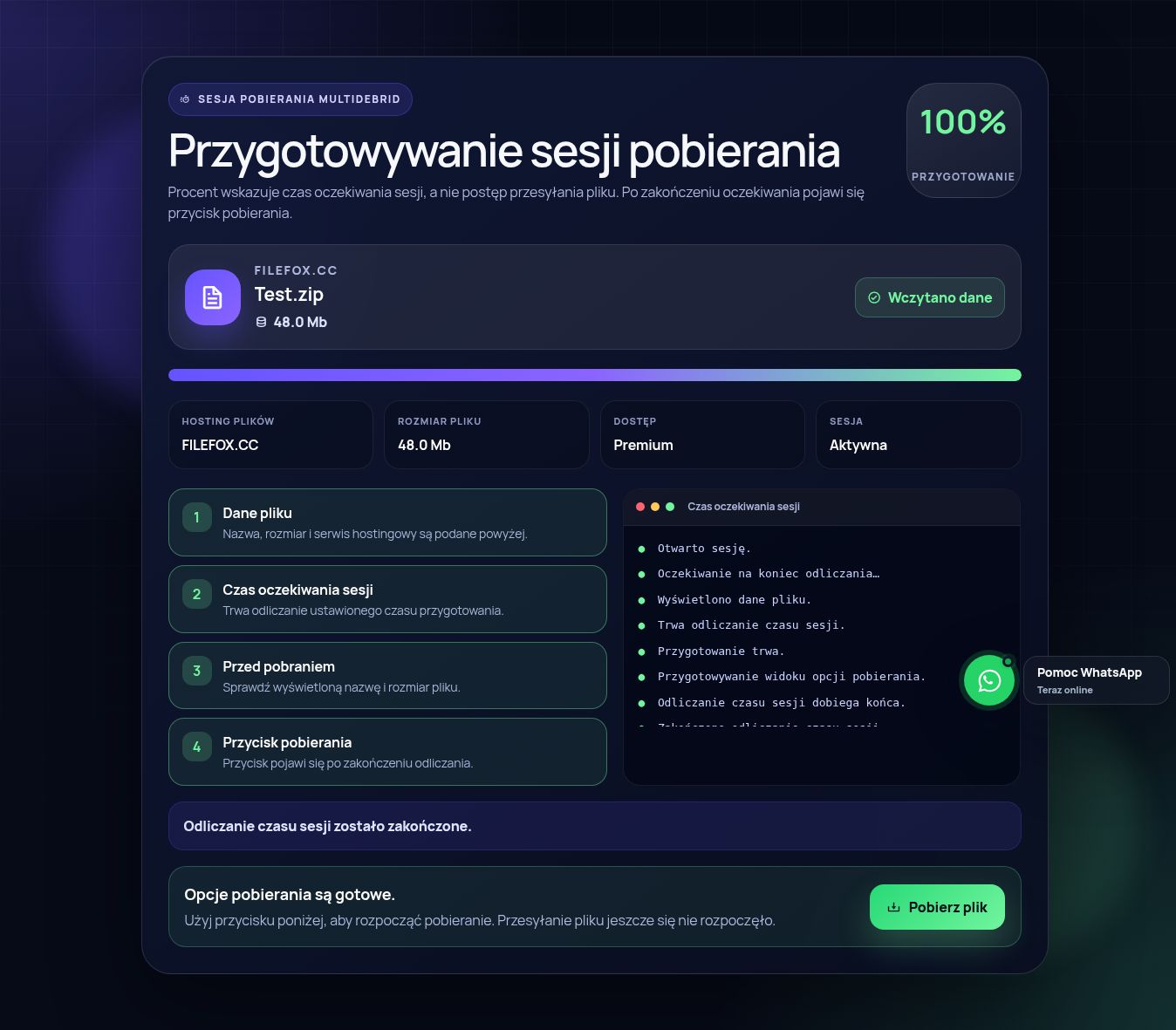 Prawdziwa sesja pobierania Filefox.cc. Otwórz, aby powiększyć.