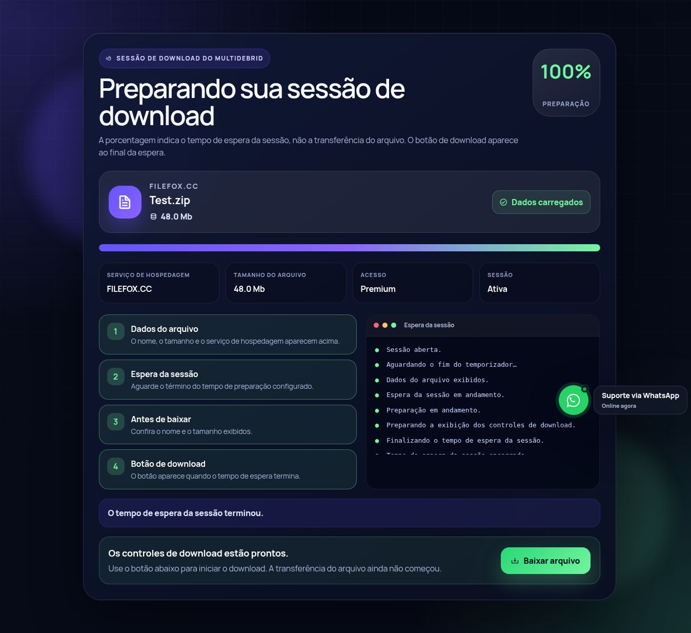 Tela real da sessão de download do Filefox.cc. Abra para ampliar.