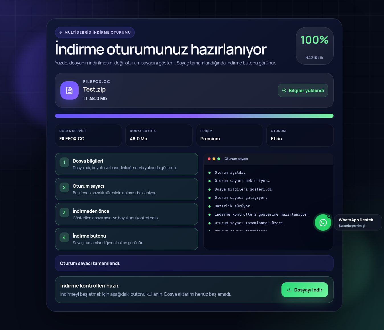 Gerçek Filefox.cc indirme oturumu ekranı. Büyütmek için aç.