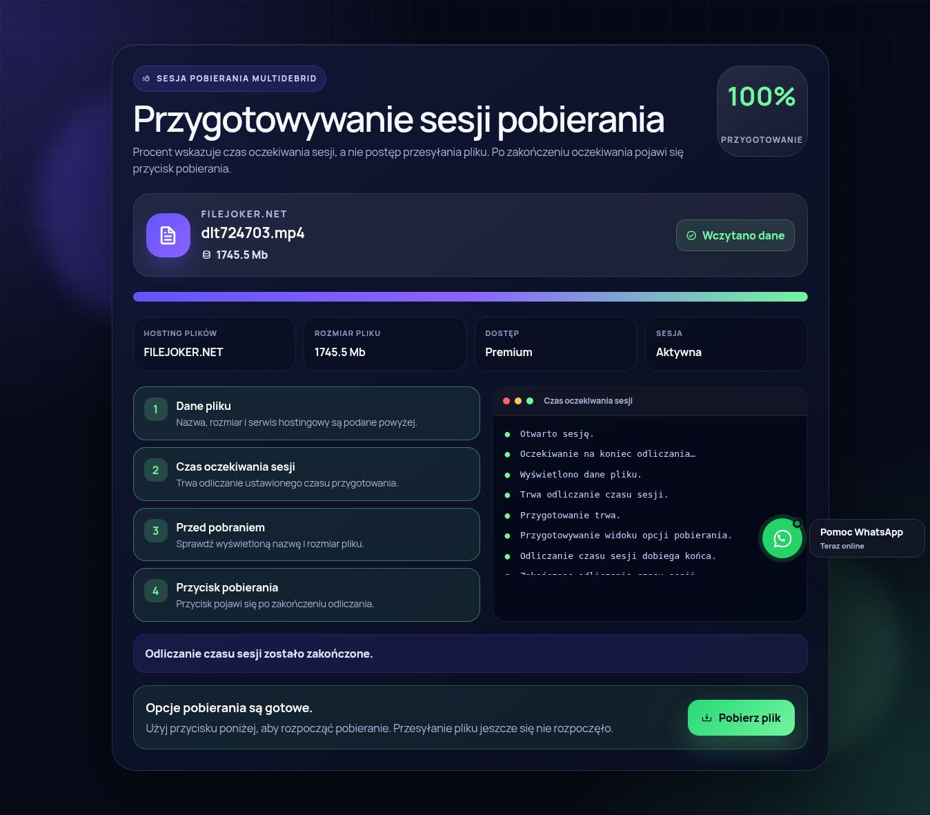 Prawdziwa sesja pobierania Filejoker.net. Otwórz, aby powiększyć.