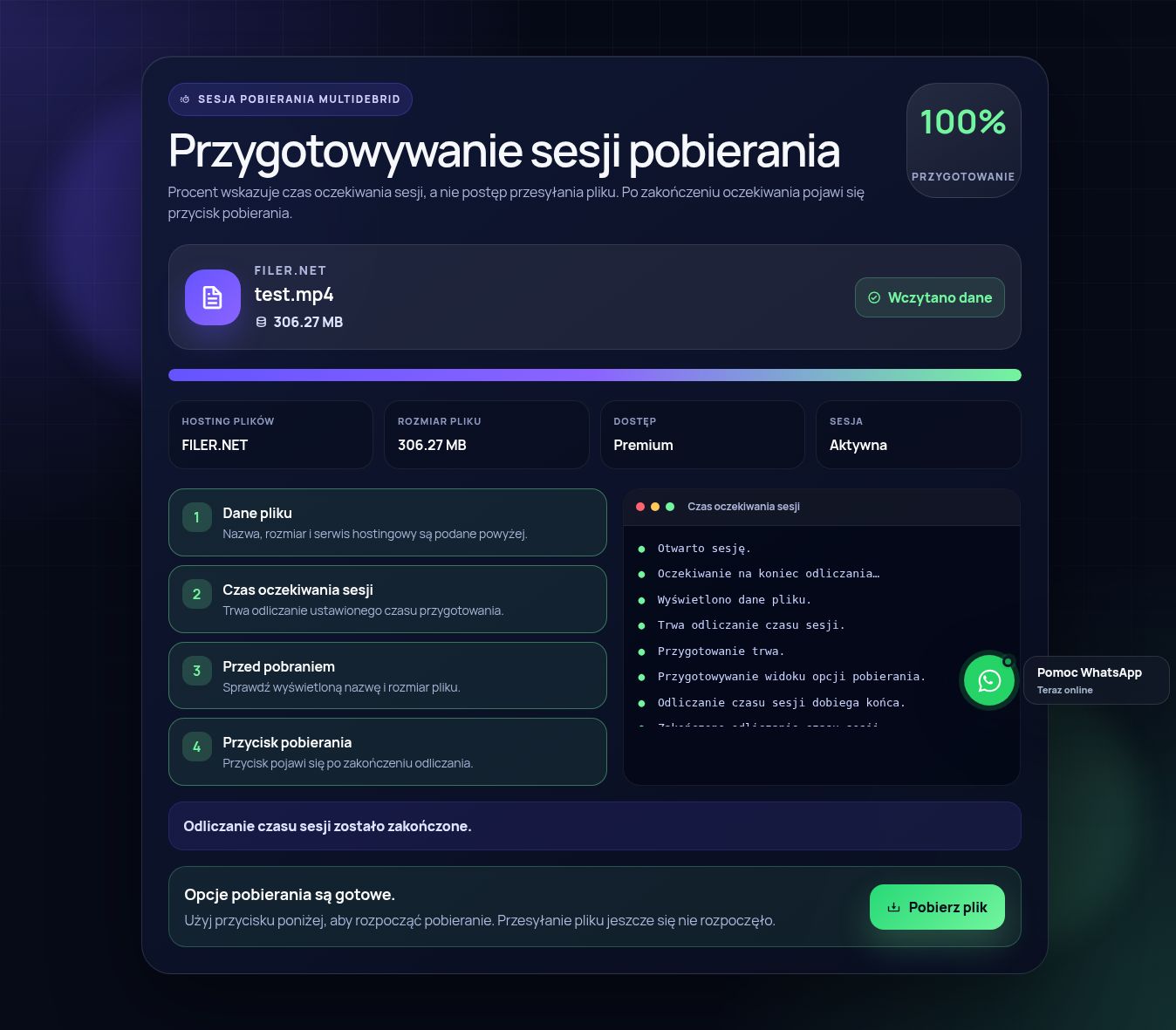 Prawdziwa sesja pobierania Filer.net. Otwórz, aby powiększyć.