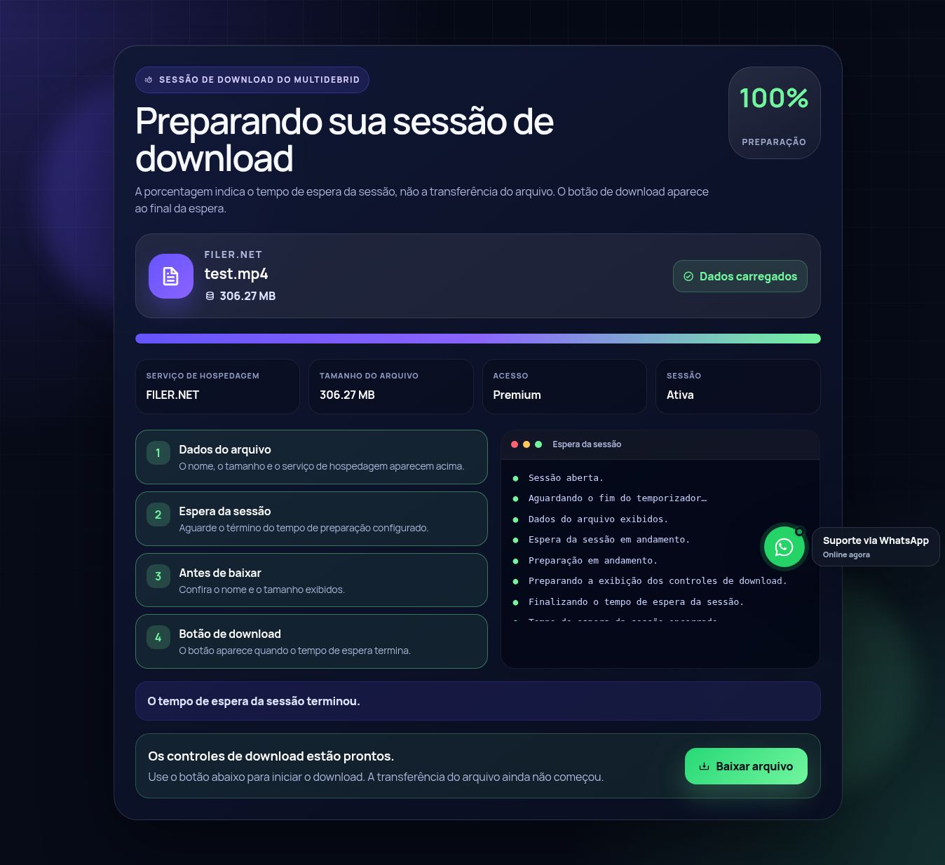 Tela real da sessão de download do Filer.net. Abra para ampliar.