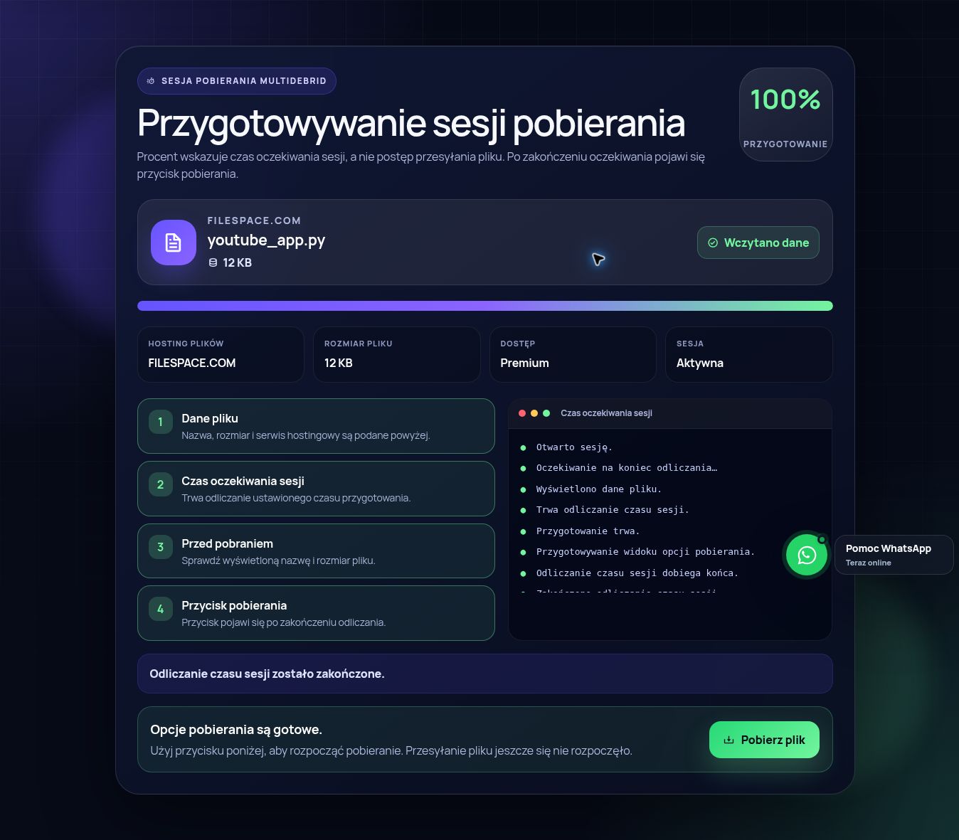 Prawdziwa sesja pobierania Filespace.com. Otwórz, aby powiększyć.