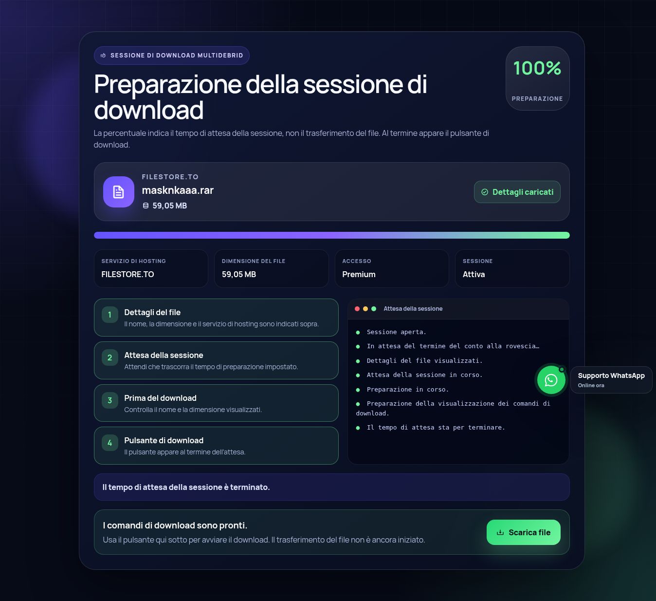 Schermata reale della sessione di download Filestore.to. Apri per ingrandire.