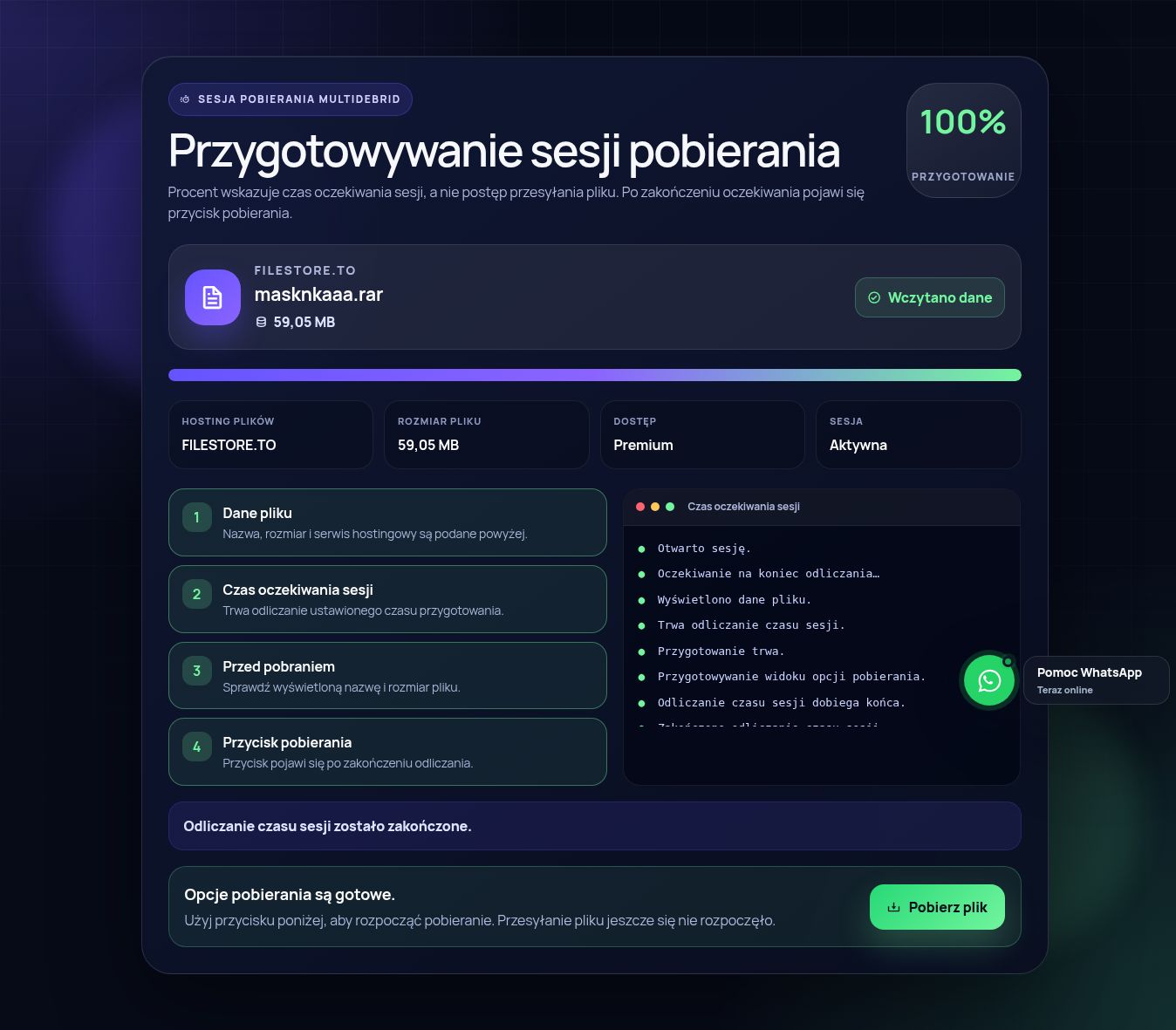 Prawdziwa sesja pobierania Filestore.to. Otwórz, aby powiększyć.