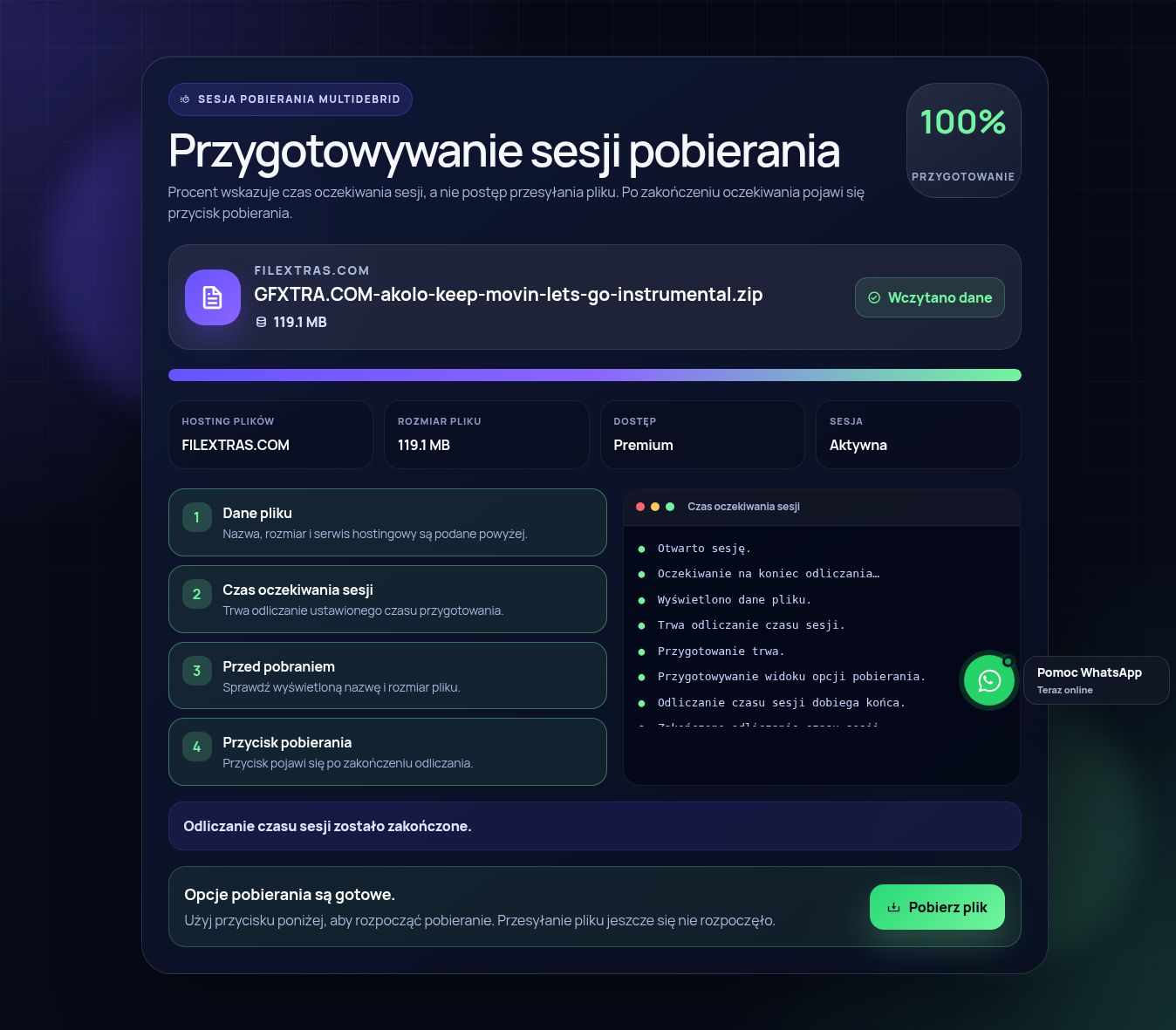 Prawdziwa sesja pobierania FileXtras.com. Otwórz, aby powiększyć.