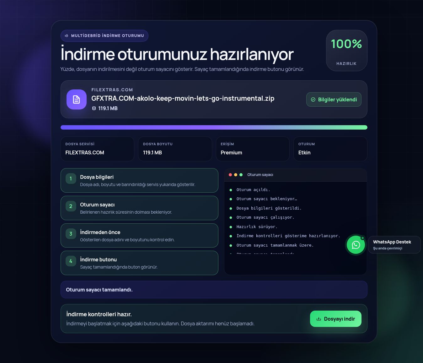 Gerçek FileXtras.com indirme oturumu ekranı. Büyütmek için aç.