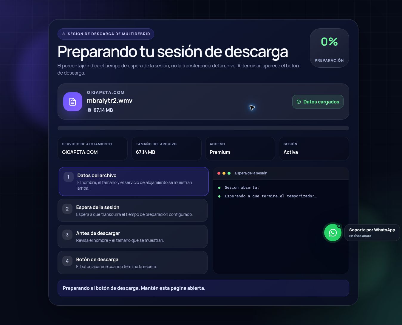 Pantalla real de la sesión de descarga de GigaPeta.com. Ábrela para ampliar.