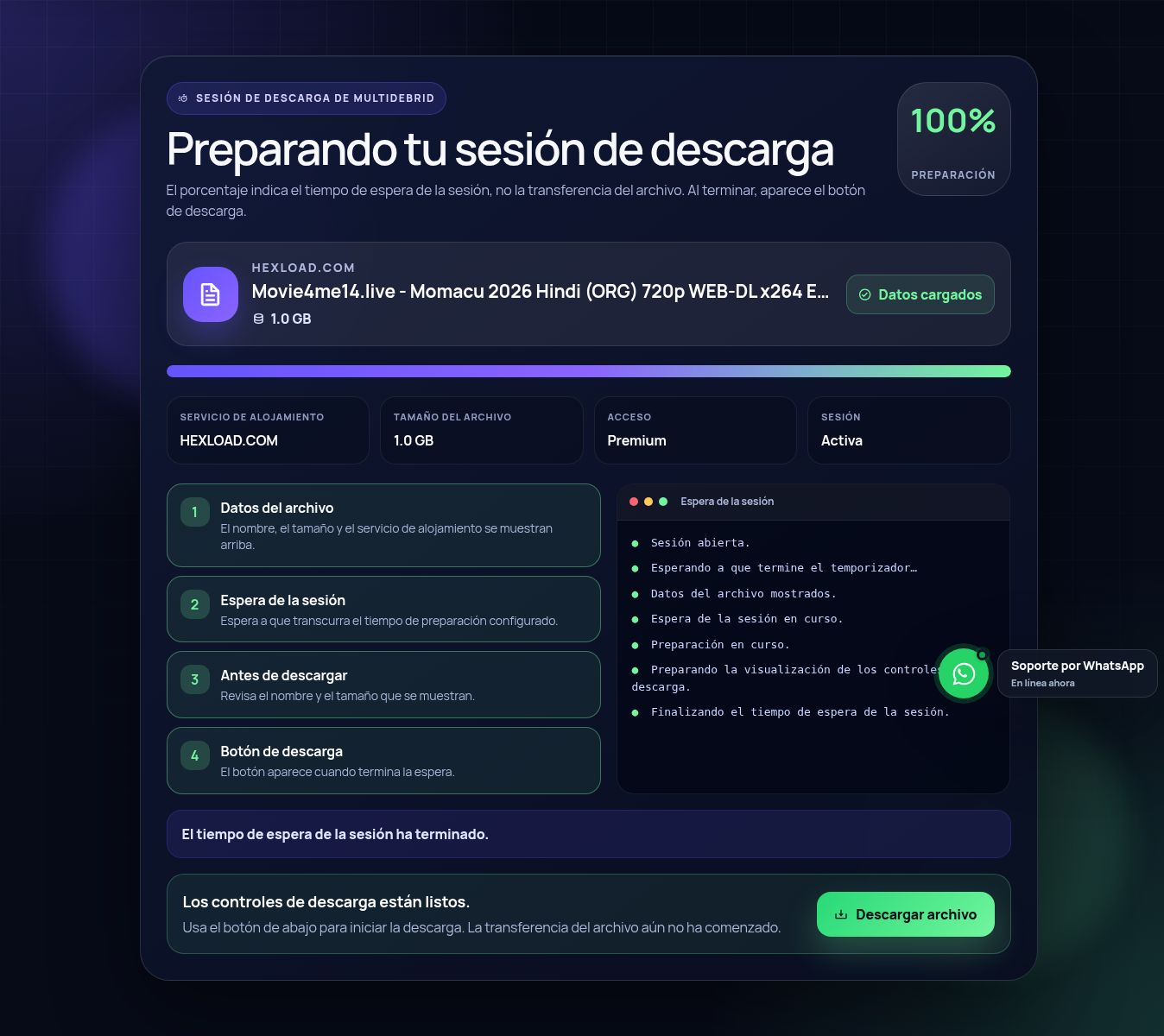 Pantalla real de la sesión de descarga de Hexload.com. Ábrela para ampliar.