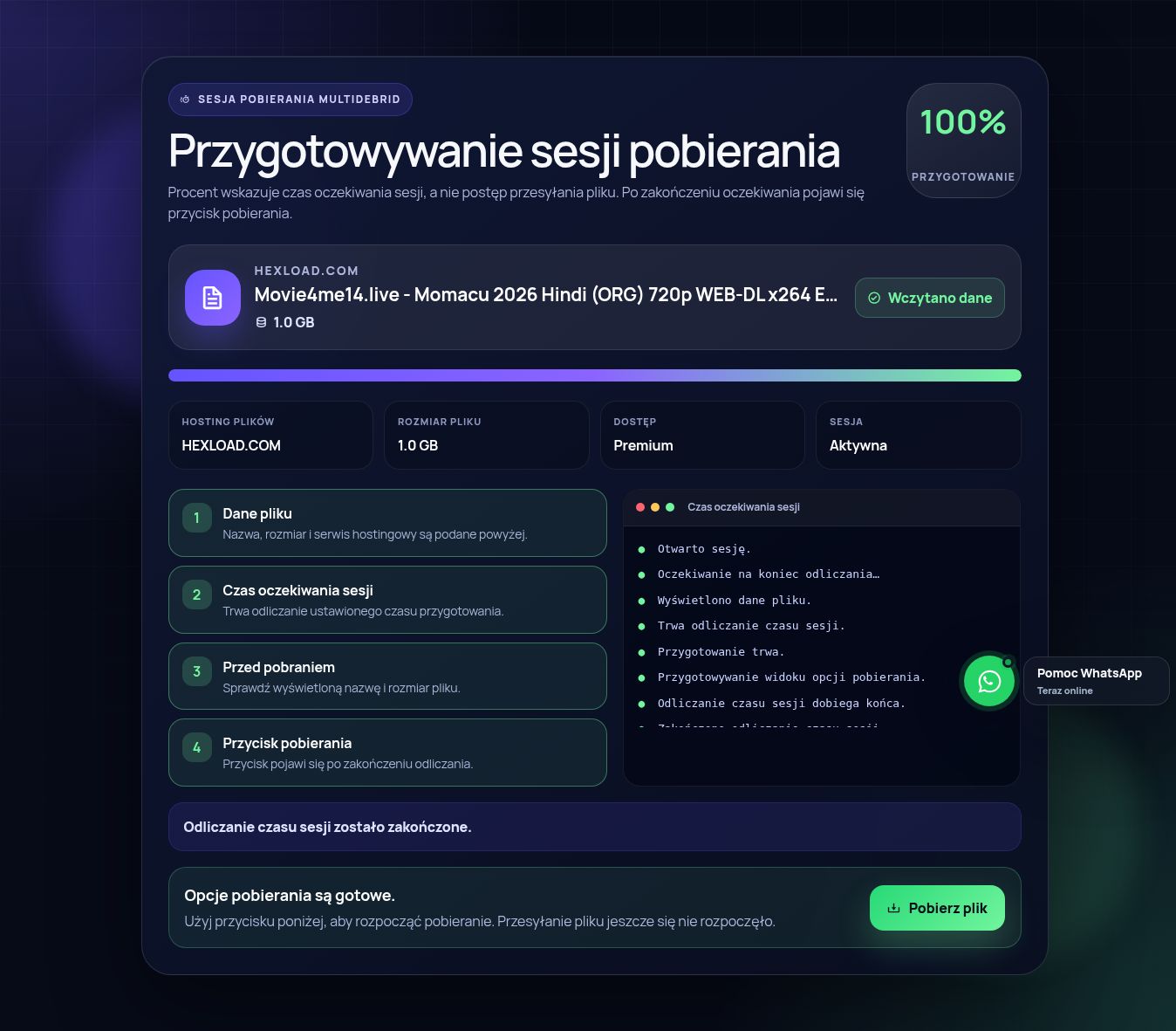Prawdziwa sesja pobierania Hexload.com. Otwórz, aby powiększyć.