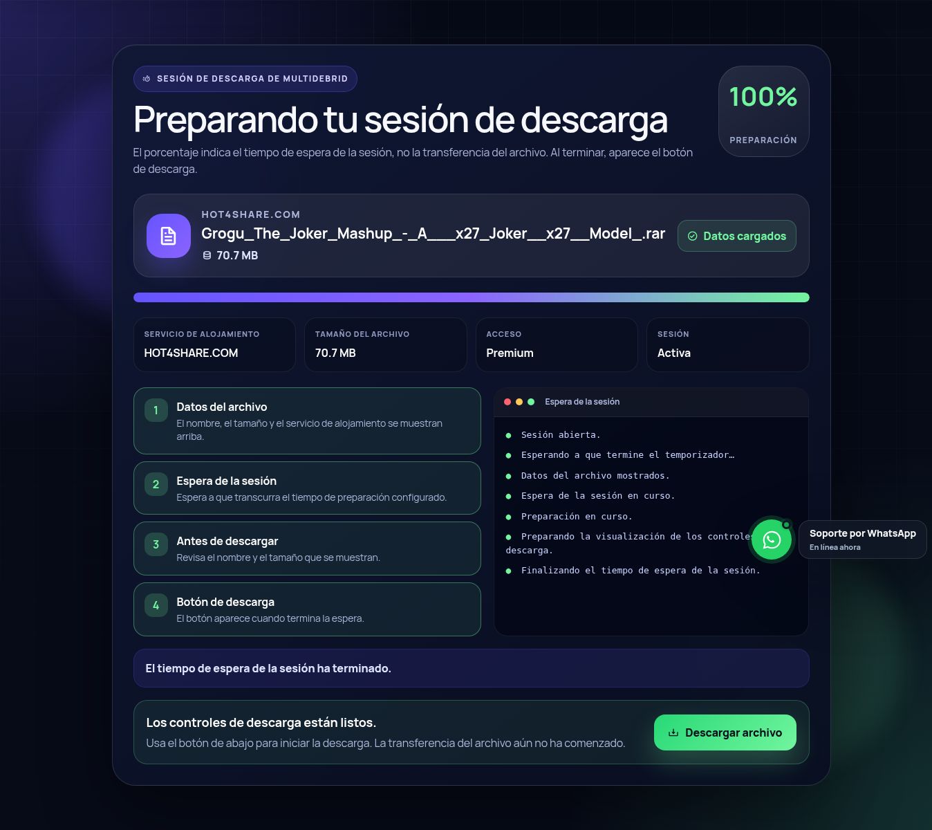 Pantalla real de la sesión de descarga de Hot4Share.com. Ábrela para ampliar.