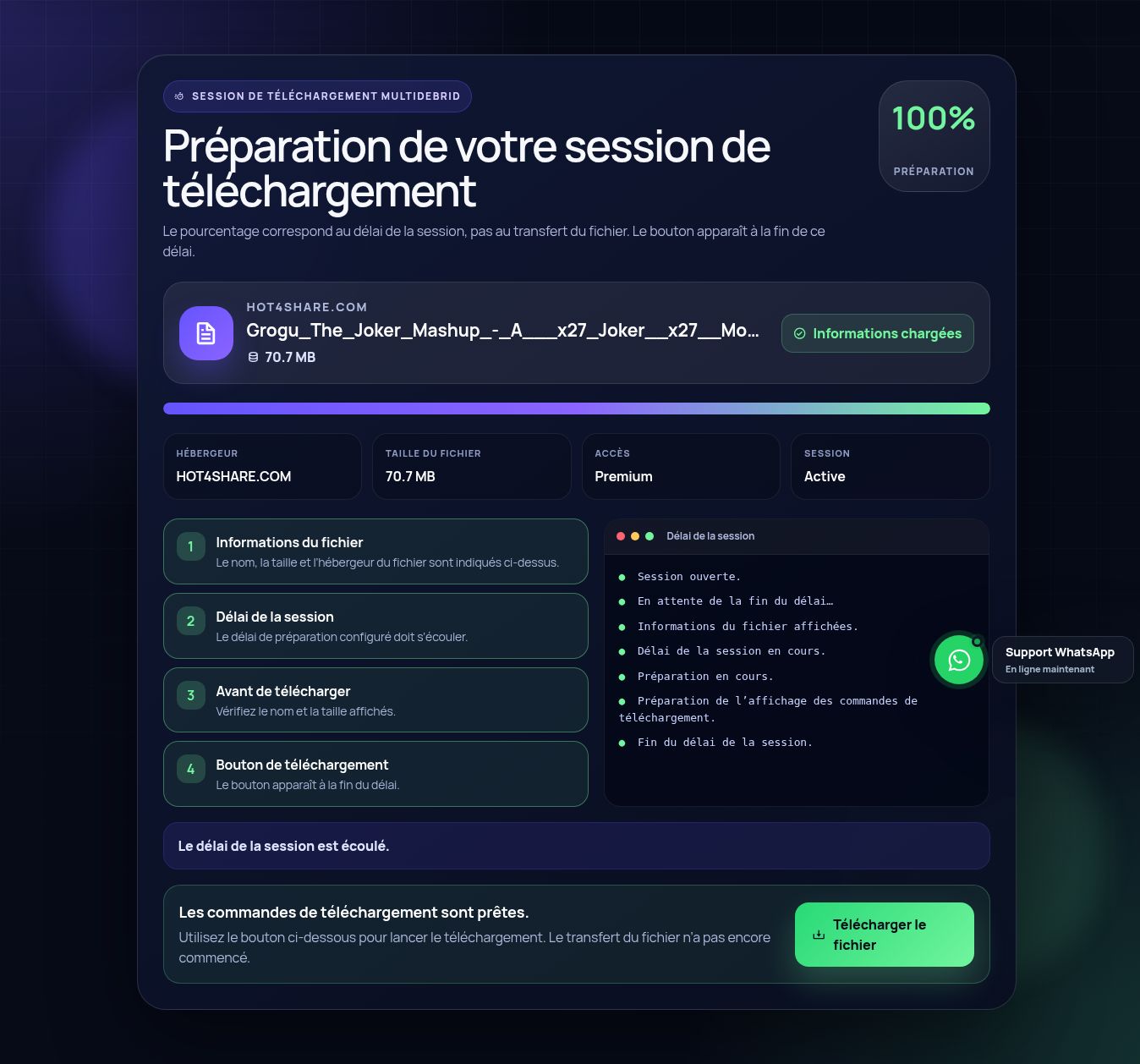 Session de téléchargement réelle pour Hot4Share.com. Ouvrez pour agrandir.