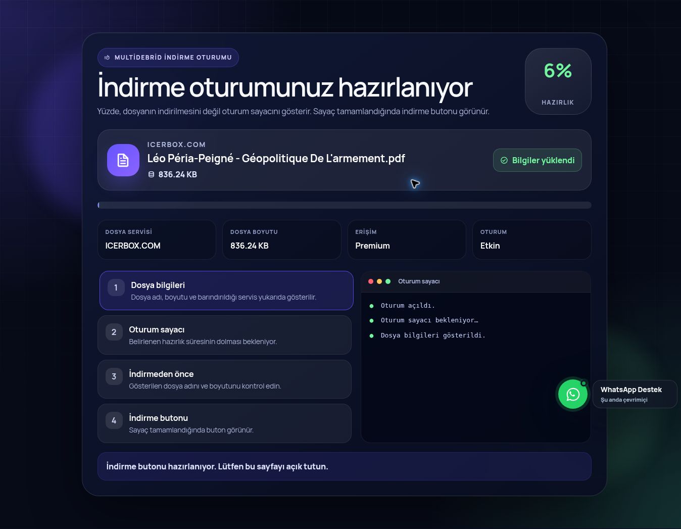 Gerçek IcerBox.com indirme oturumu ekranı. Büyütmek için aç.