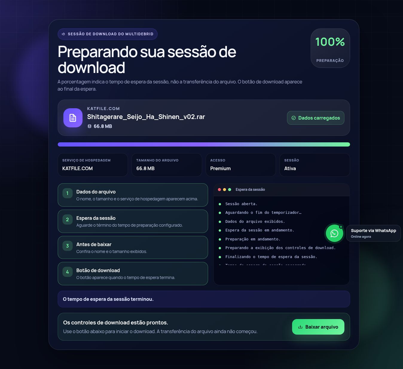 Tela real da sessão de download do Katfile.space. Abra para ampliar.