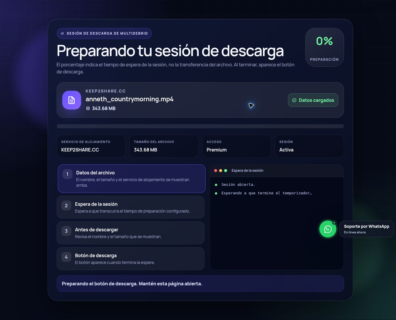 Pantalla real de la sesión de descarga de Keep2Share.com. Ábrela para ampliar.