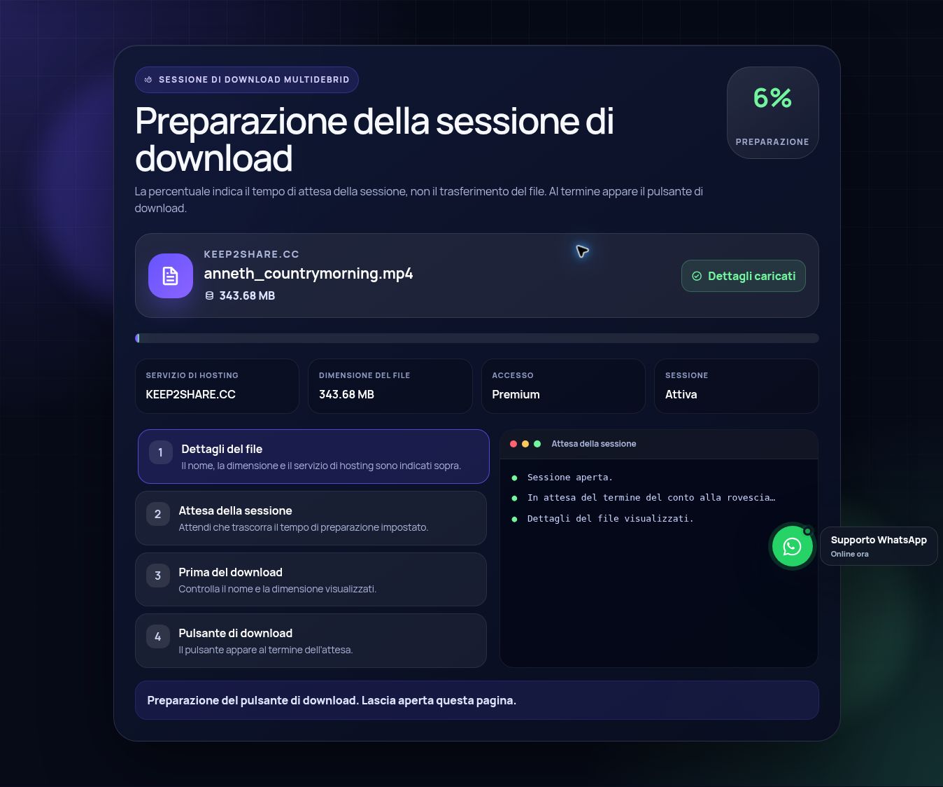 Schermata reale della sessione di download Keep2Share.com. Apri per ingrandire.