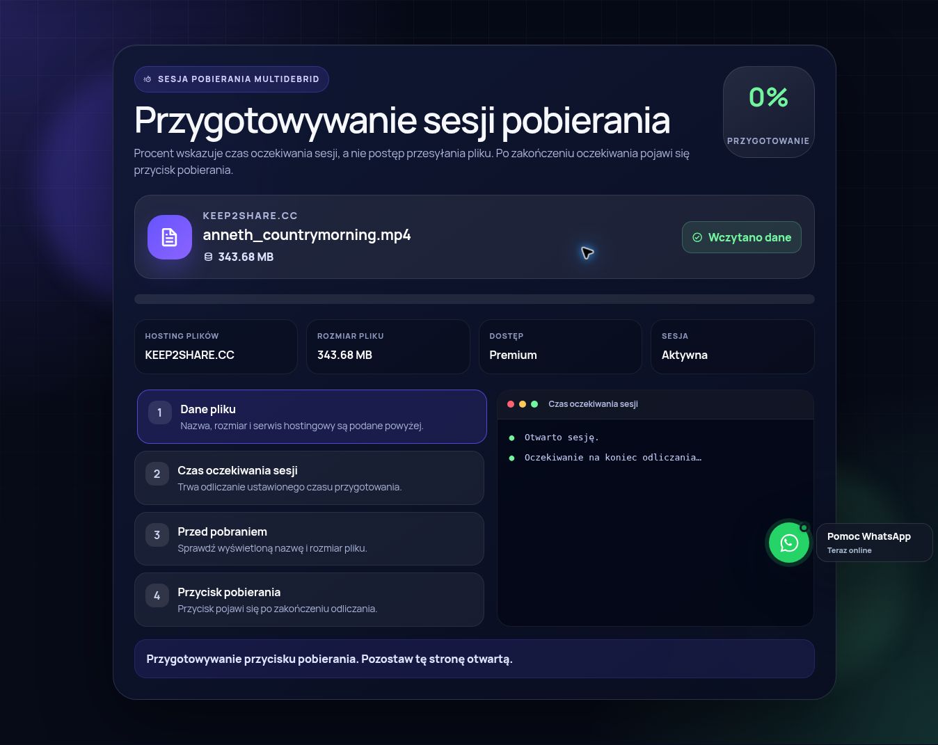 Prawdziwa sesja pobierania Keep2Share.com. Otwórz, aby powiększyć.
