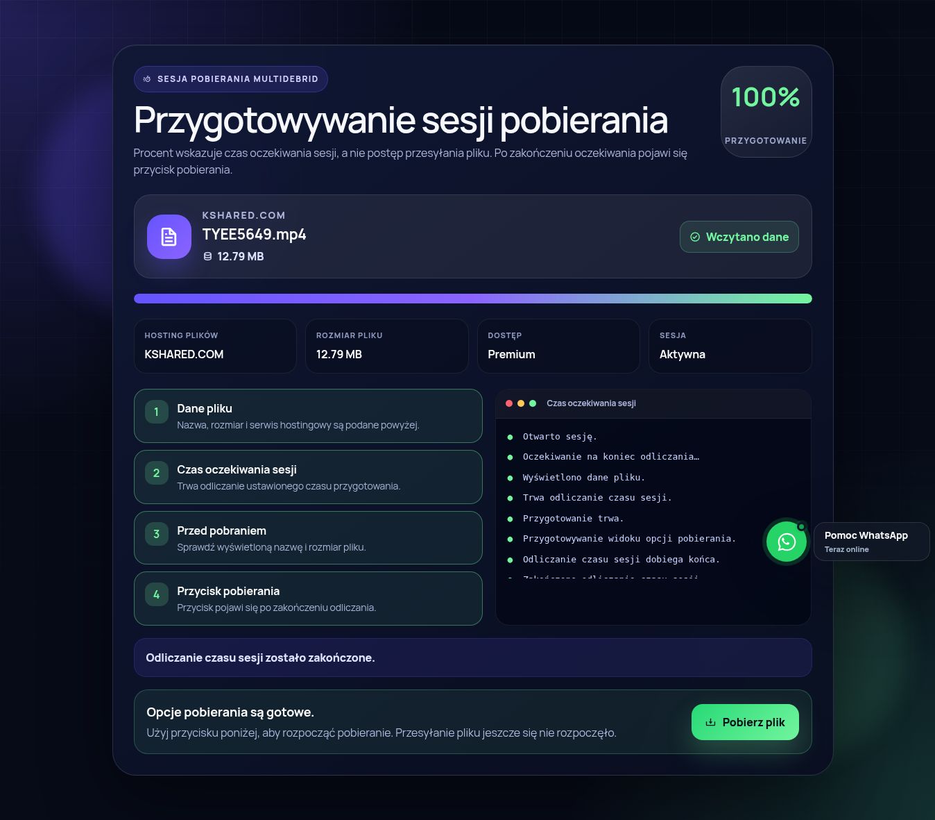 Prawdziwa sesja pobierania Kshared.com. Otwórz, aby powiększyć.