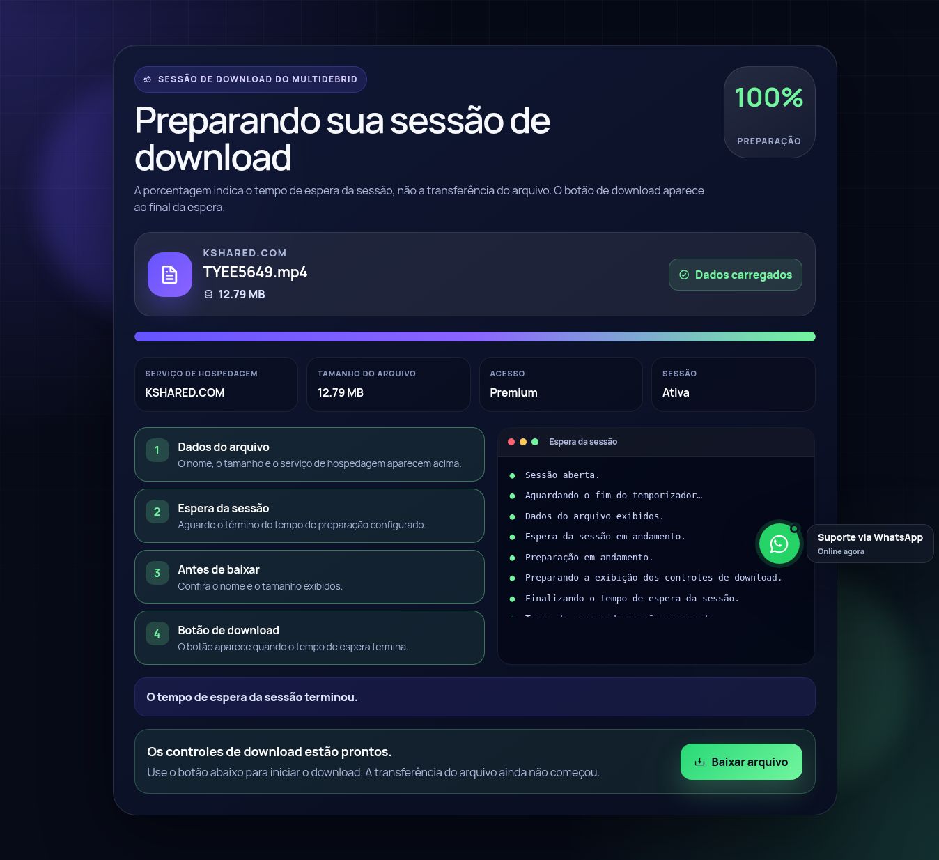 Tela real da sessão de download do Kshared.com. Abra para ampliar.