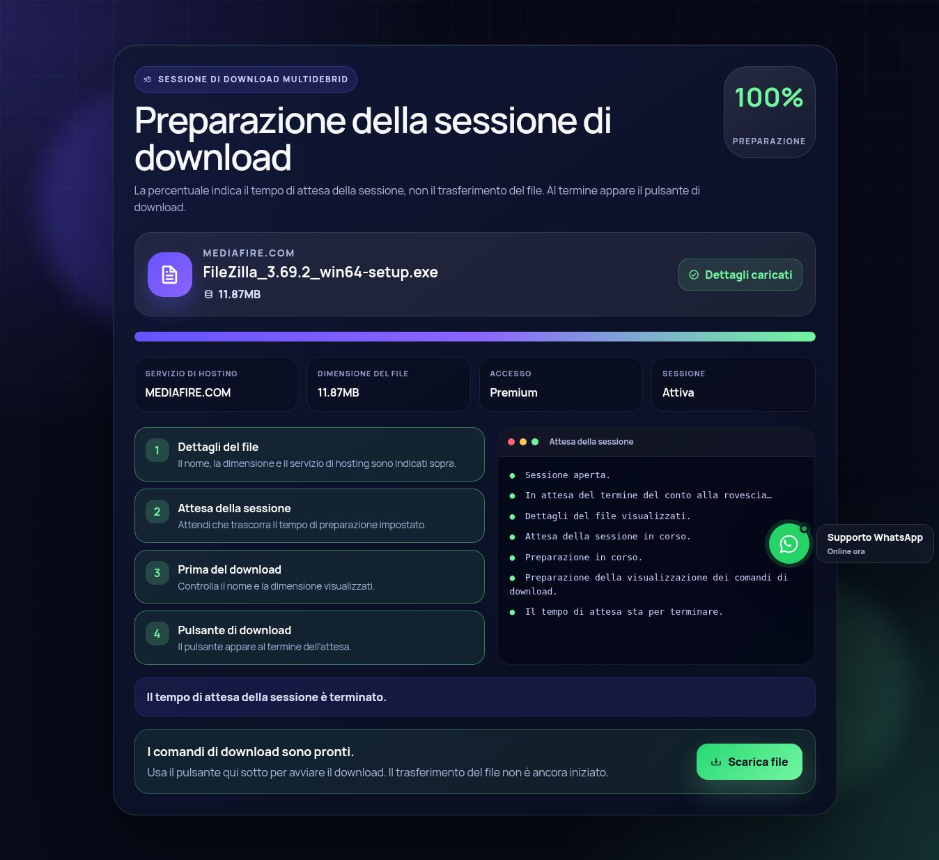 Schermata reale della sessione di download Mediafire.com. Apri per ingrandire.