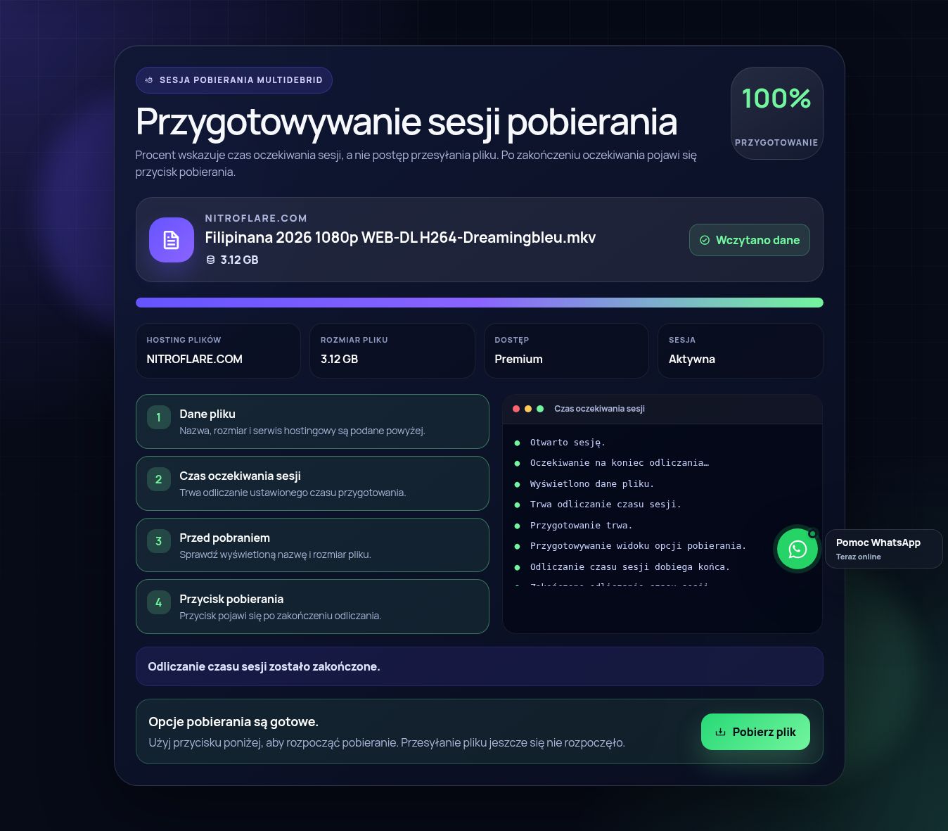 Prawdziwa sesja pobierania Nitroflare.com. Otwórz, aby powiększyć.